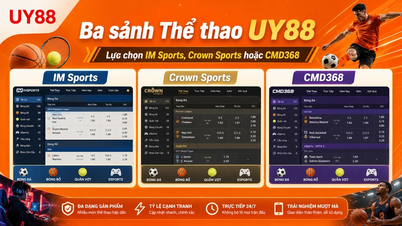 Ba sảnh Thể thao UY88 gồm IM Sports Crown Sports và CMD368