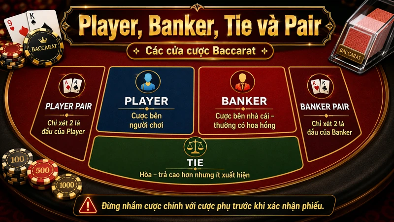 Các cửa cược Player Banker Tie và Pair trên bàn Baccarat UY88