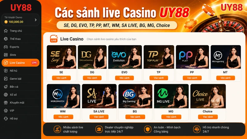 Danh sách 11 sảnh live Casino UY88 trên menu