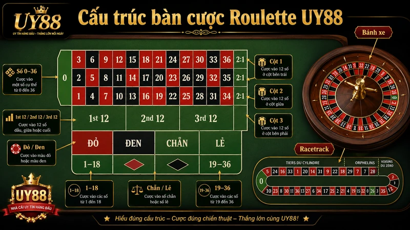 Các khu vực chính trên bàn cược Roulette