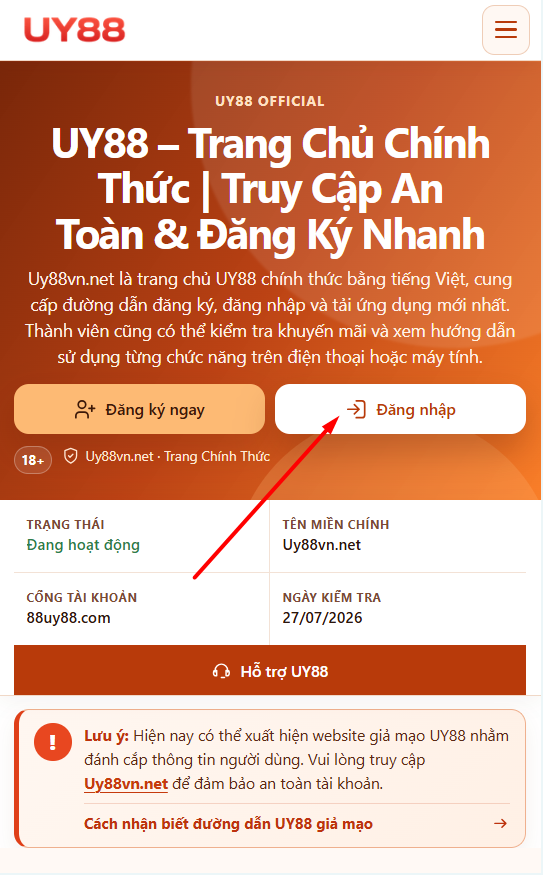 Nút đăng nhập UY88 trên điện thoại