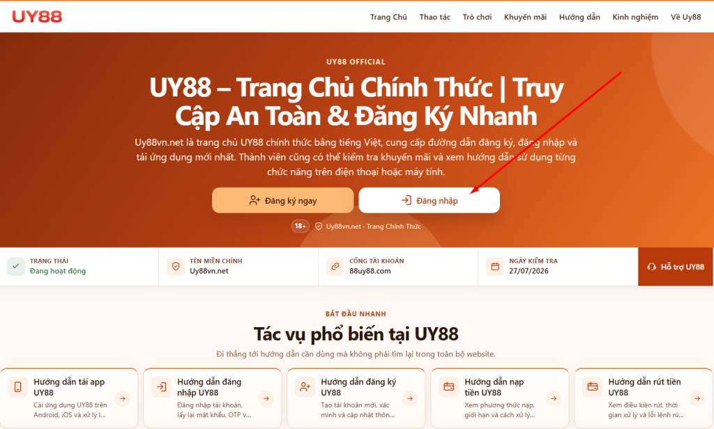 Nút đăng nhập UY88 trên máy tính