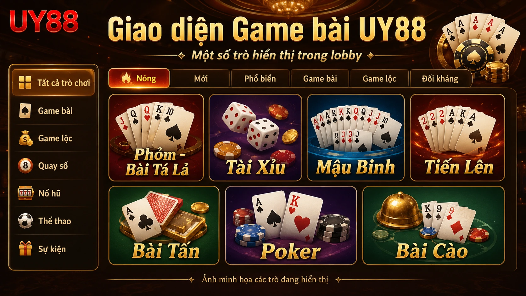Giao diện Game bài UY88 với Phỏm Tài Xỉu Mậu Binh Tiến Lên và Bài Tấn