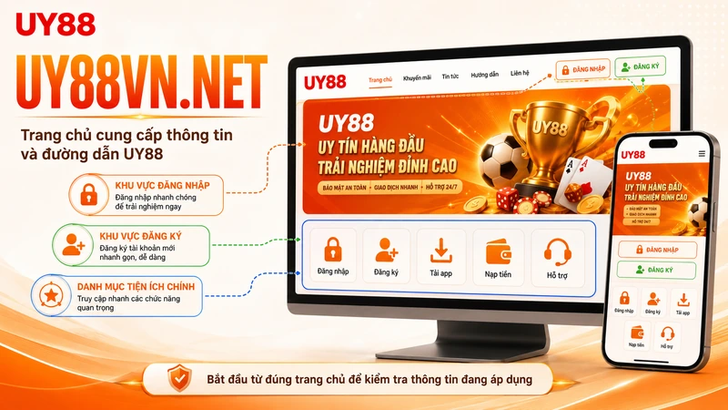 Giao diện Uy88vn.net và các khu vực điều hướng chính