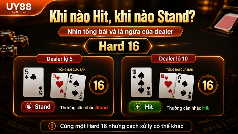 Cách chọn Hit hoặc Stand dựa vào tổng bài và lá ngửa của dealer