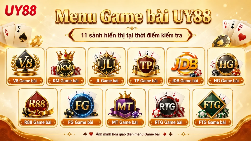 Menu Game bài UY88 gồm V8 KM JL TP JDB HG R88 FG MT RTG và FTG