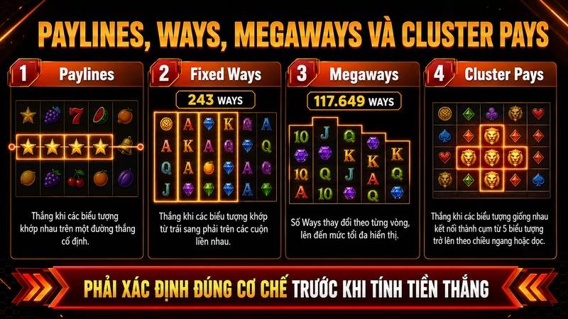 So sánh Paylines Ways Megaways và Cluster Pays trong game nổ hũ