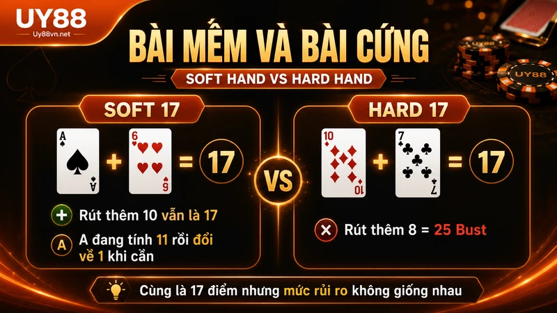So sánh bài mềm Soft Hand và bài cứng Hard Hand trong Blackjack