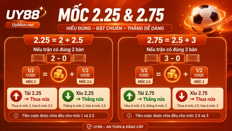 Cách chia tiền và tính thắng nửa thua nửa ở mốc Tài Xỉu 2.25 và 2.75