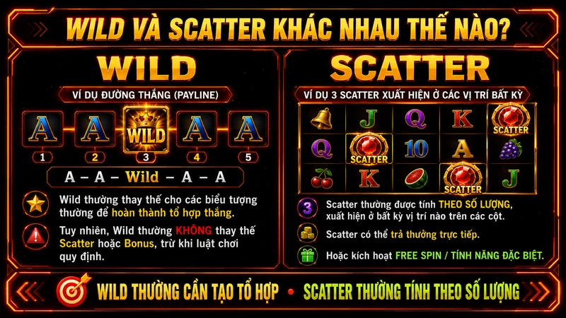 So sánh chức năng của Wild và Scatter trong game nổ hũ