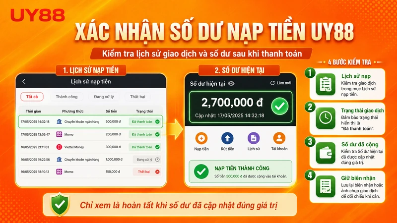 Kiểm tra lịch sử và số dư sau khi nạp tiền UY88