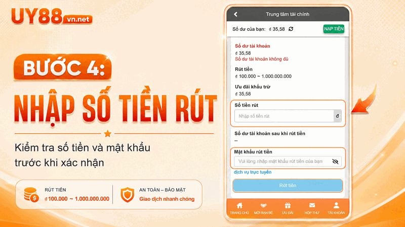 Form nhập số tiền và mật khẩu rút tiền UY88