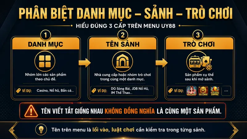 Phân biệt danh mục sảnh và trò chơi trên menu UY88
