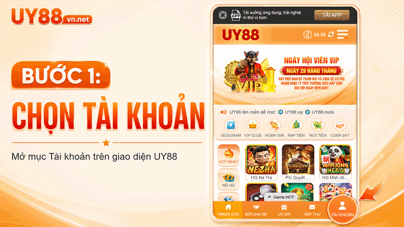 Vị trí mục Tài khoản trên giao diện UY88
